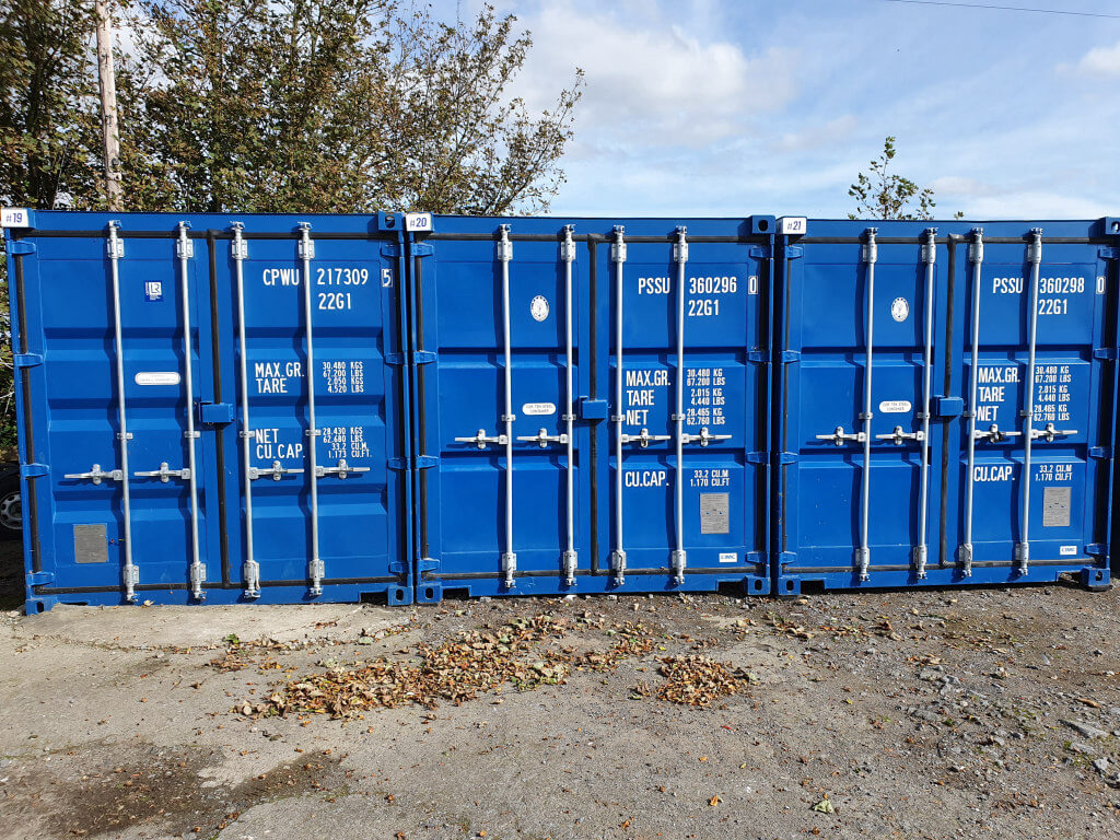 Blue 10ft and 20ft storage containers available at Storage City Waterford